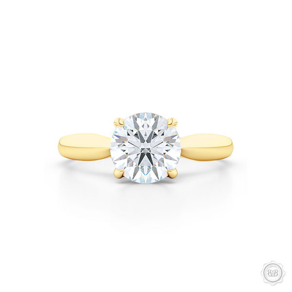 Award-Winning Solitaire Engagement Ring Design. Classic Round Solitaire Handcrafted in Classic Yellow Gold. Signature "Infinity Heart" Crown Accentuated by Gently Tapered Shoulders. Forever One Round Brilliant Moissanite.  Free Shipping USA. 30-Day Returns | BASHERT JEWELRY | Boca Raton, Florida