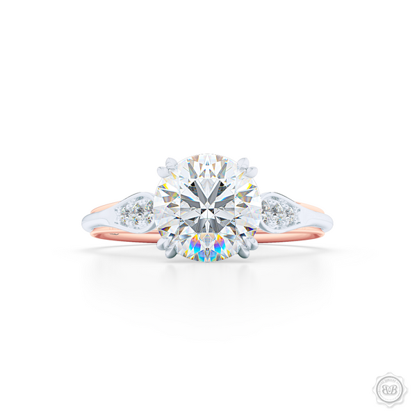 Round Diamond Solitaire Engagement Ring with Vintage appeal. Handcrafted in two-tone Rose and White Gold. Charles & Colvard Forever One, Round Brilliant Moissanite.  Free Shipping USA. 30-Day Returns | BASHERT JEWELRY | Boca Raton, Florida.