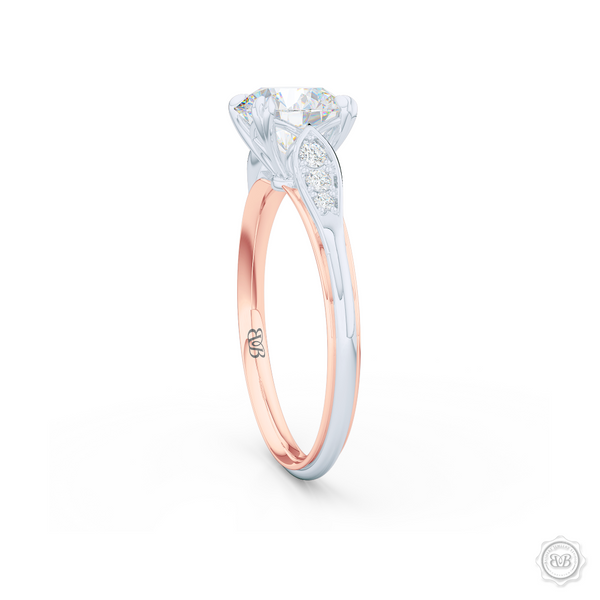 Round Diamond Solitaire Engagement Ring with Vintage appeal. Handcrafted in two-tone Rose and White Gold. Charles & Colvard Forever One, Round Brilliant Moissanite.  Free Shipping USA. 30-Day Returns | BASHERT JEWELRY | Boca Raton, Florida.