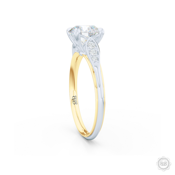 Round Diamond Solitaire Engagement Ring with Vintage appeal. Handcrafted in two-tone Yellow and White Gold. Charles & Colvard Forever One, Round Brilliant Moissanite.  Free Shipping USA. 30-Day Returns | BASHERT JEWELRY | Boca Raton, Florida.