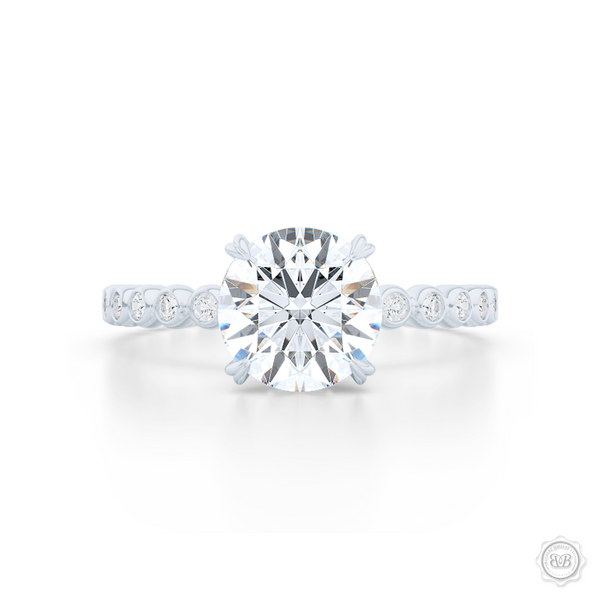 Classic Four-Prong Round Solitaire Engagement Ring Crafted in White Gold or Platinum. Dazzling Bezel-Set Caviar Ring Shoulders. GIA Certified Diamond.  Free Shipping USA 30-Day Returns | BASHERT JEWELRY | Boca Raton, Florida