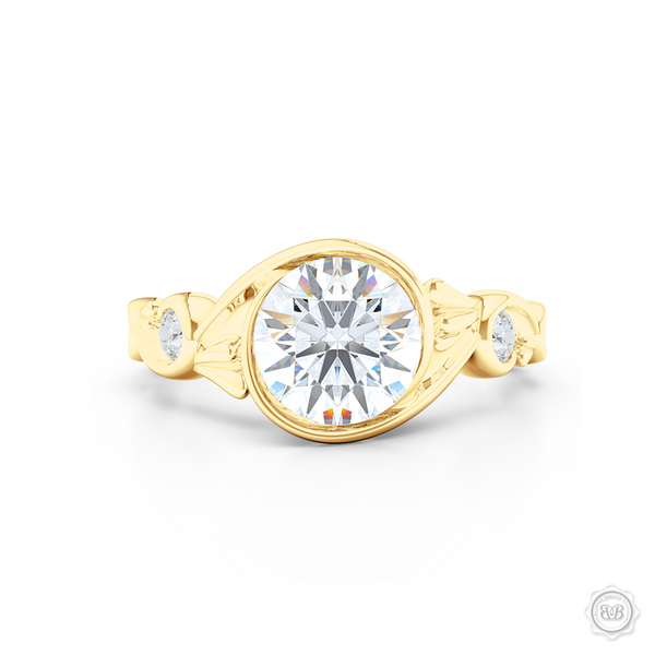 Elegant Wrap-Around Rose-Vine Solitaire Engagement Ring, crafted in Classic Yellow Gold.  GIA Certified Diamond. Free Shipping USA.  30-Day Returns | BASHERT JEWELRY | Boca Raton, Florida.