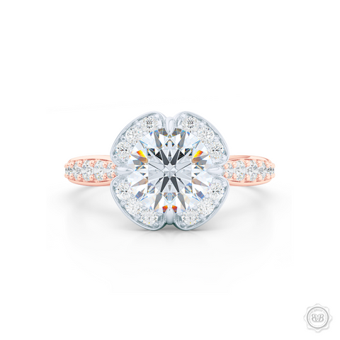 Exquisite Round East-West prongs Halo engagement ring. Crafted in two-tone Romantic Rose Gold and Precious Platinum crown. GIA certified Round Brilliant Diamond. Elegant bead-set Diamond encrusted shoulders. Free Shipping USA. 30-Day Returns | BASHERT JEWELRY | Boca Raton, Florida