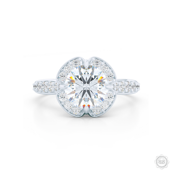 Exquisite Round East-West prongs Halo engagement ring. Crafted in White Gold and Precious Platinum crown. GIA certified Round Brilliant Diamond. Elegant bead-set Diamond encrusted shoulders. Free Shipping USA. 30-Day Returns | BASHERT JEWELRY | Boca Raton, Florida