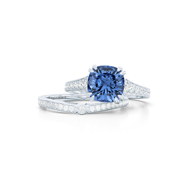 Vintage inspired, cushion cut Sapphire Solitaire Engagement Ring. Hand-fabricated in sustainable, solid White Gold. Classic French Pavé set diamond shoulders. Free Shipping for All USA Orders. 15 Day Returns | BASHERT JEWELRY | Boca Raton, Florida