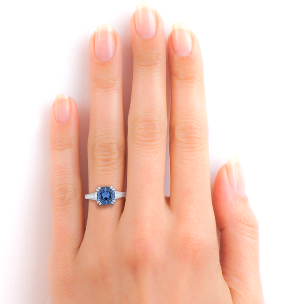 Vintage inspired, cushion cut Sapphire Solitaire Engagement Ring. Hand-fabricated in White Gold. Classic French Pavé set diamond shoulders. Free Shipping for All USA Orders. 15 Day Returns | BASHERT JEWELRY | Boca Raton, Florida