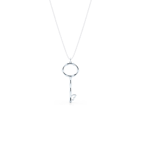 Bamboo inspired, White Gold Key Pendant. Delicate Butterfly accent. Hand-fabricated in sustainable, solid, 18K White Gold. Key pendants are a classic jewelry statement for girls of all ages. Free Shipping for All US Orders. 15 Day Returns | BASHERT JEWELRY | Boca Raton Florida