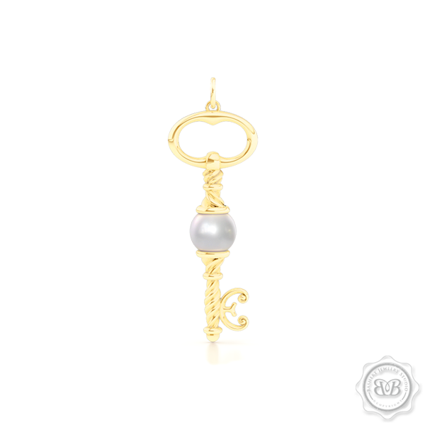 Unique Pearl Key Pendant Necklace.  Handcrafted in Classic Yellow Gold. Available with White Akoya Pearl or Freshwater White Pearl. Free Shipping USA. 30 Day Returns. Free Silver Chain Option | BASHERT JEWELRY | Boca Raton, Florida