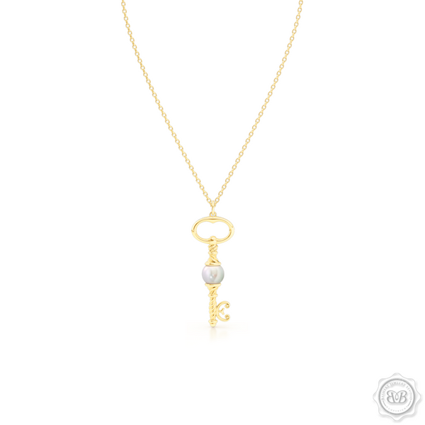 Unique Pearl Key Pendant Necklace.  Handcrafted in Classic Yellow Gold. Available with White Akoya Pearl or Freshwater White Pearl. Free Shipping USA. 30 Day Returns. Free Silver Chain Option | BASHERT JEWELRY | Boca Raton, Florida