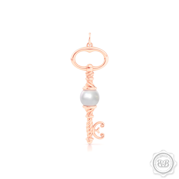 Unique Pearl Key Pendant Necklace.  Handcrafted in Rose Gold. Available with White Akoya Pearl or Freshwater White Pearl. Free Shipping USA. 30 Day Returns. Free Silver Chain Option | BASHERT JEWELRY | Boca Raton, Florida