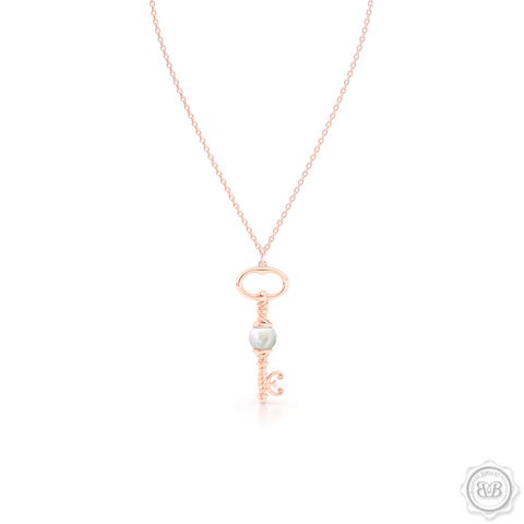 Unique Pearl Key Pendant Necklace.  Handcrafted in Rose Gold. Available with White Akoya Pearl or Freshwater White Pearl. Free Shipping USA. 30 Day Returns. Free Silver Chain Option | BASHERT JEWELRY | Boca Raton, Florida