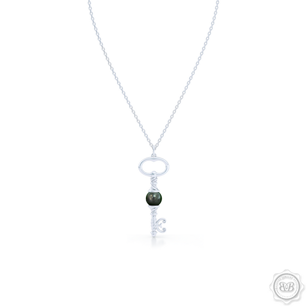 Unique Pearl Key Pendant Necklace.  Available with White Akoya Pearl, freshwater White Pearl or Deep Sea Green Saltwater Pearl. Free Shipping USA. 30 Day Returns. Free Silver Chain Option | BASHERT JEWELRY | Boca Raton, Florida