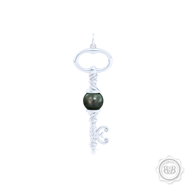 Unique Pearl Key Pendant Necklace.  Available with White Akoya Pearl, freshwater White Pearl or Deep Sea Green Saltwater Pearl. Free Shipping USA. 30 Day Returns. Free Silver Chain Option | BASHERT JEWELRY | Boca Raton, Florida