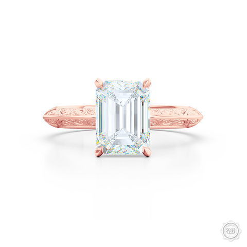 Solitaire Engagement Ring. Emerald Step-Cut GIA Certified Excellent Graded Diamond. Handcrafted in Romantic Rose Gold. The uniquely structured, soft bevel, shoulders of the ring are ornate with hand-carved baroque swirls. Free Shipping for All USA Orders. 30-Day Returns | BASHERT JEWELRY | Boca Raton, Florida