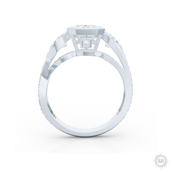 Three stone Diamond engagement ring. Emerald Cut GIA certified Diamond. Pear shape side stones. Handcrafted in White Gold or Precious Platinum. Free Shipping on All USA Orders. 30-Day Returns | BASHERT JEWELRY | Boca Raton, Florida