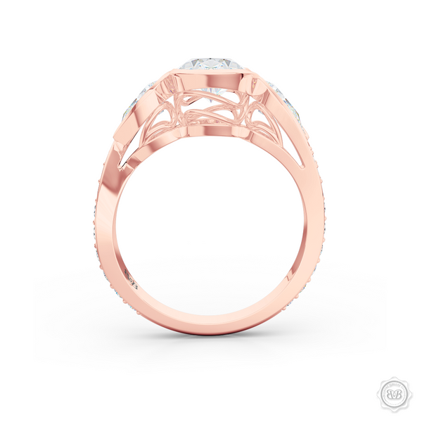 Three stone Moissanite engagement ring. Oval Cut Forever One Moissanite by Charles & Colvard. Pear shape side stone Moissanites. Handcrafted in Romantic Rose Gold. Free Shipping on All USA Orders. 30-Day Returns | BASHERT JEWELRY | Boca Raton, Florida