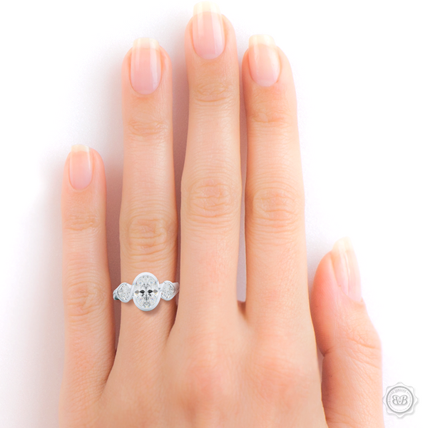 Three stone Diamond engagement ring. Oval Cut GIA certified Diamond. Pear shape side stones. Handcrafted in White Gold or Precious Platinum. Free Shipping on All USA Orders. 30-Day Returns | BASHERT JEWELRY | Boca Raton, Florida