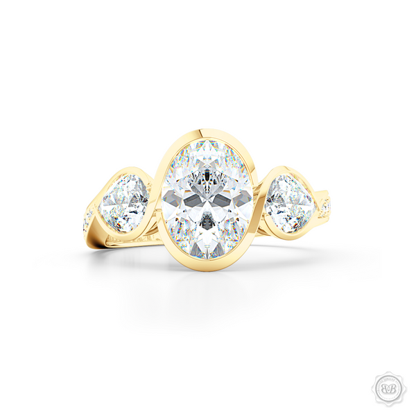 Three stone Diamond engagement ring. Oval Cut GIA certified Diamond. Pear shape side stones. Handcrafted in Classic Yellow Gold. Free Shipping on All USA Orders. 30-Day Returns | BASHERT JEWELRY | Boca Raton, Florida