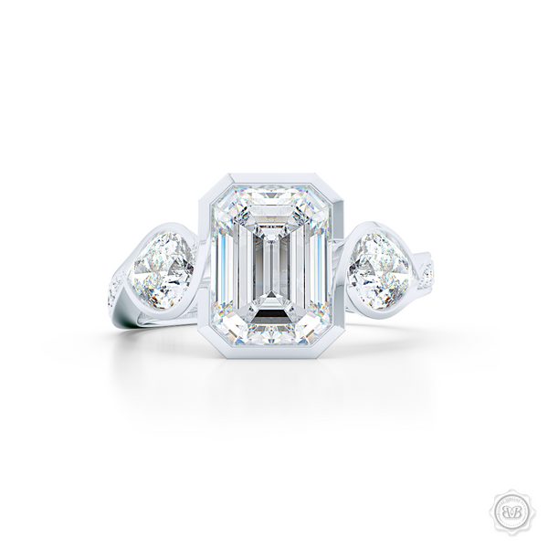 Three stone Moissanite engagement ring. Emerald Cut Forever One Moissanite by Charles & Colvard. Pear shape side stone Moissanites. Handcrafted in White Gold or Precious Platinum. Free Shipping on All USA Orders. 30-Day Returns | BASHERT JEWELRY | Boca Raton, Florida