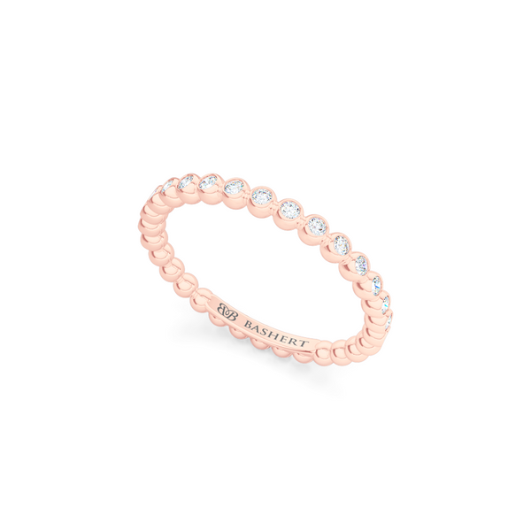 Delicate, bezel-set pots diamond wedding band. Hand-fabricated in solid, sustainable Rose Gold and premium quality Round, Brilliant Diamonds. Free Shipping for All USA Orders. 15-Day Returns | BASHERT JEWELRY | Boca Raton, Florida