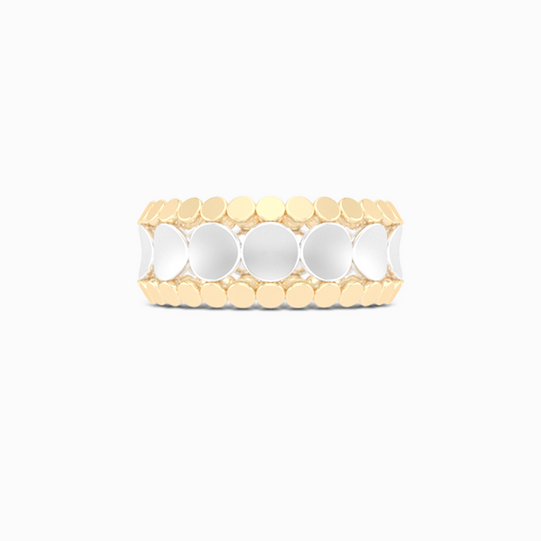 Uni-sex beveled wedding ring. Three-row comfort fit concave inner band with two beveled-edge outer bands. Hand-fabricated in tow-tone White Gold and Yellow Gold. Free Shipping All USA Orders. 15 Day Returns | BASHERT JEWELRY | Boca Raton Florida
