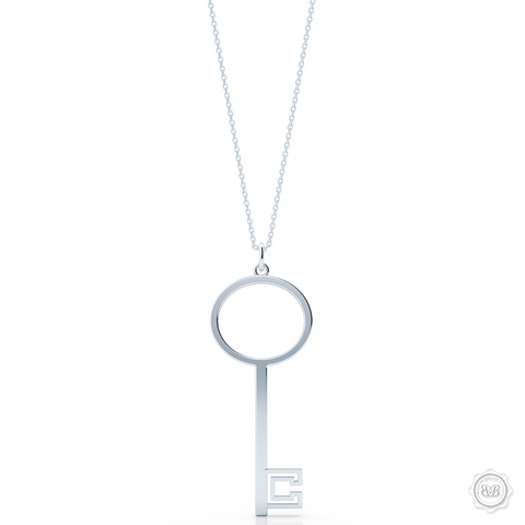 Hipster Key Pendant for Her with Clean Sophisticated Lines. Effortless Inspirational Cool for the Urban Bohemian. Handcrafted in Sterling Silver. Customize it with an inspirational Word or Your Initials. Free Silver Chain. Free Shipping for All USA Orders. 30Day Returns | BASHERT JEWELRY | Boca Raton Florida