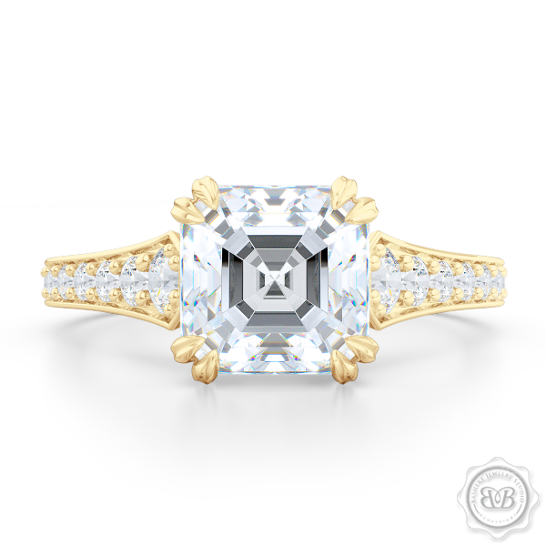 Vintage-Inspired Asscher Cut Moissanite Solitaire Engagement Ring handcrafted in Classic Yellow  Gold. Bead-Set Diamond Shoulders. Forever One Charles & Colvard Asscher-cut Moissanite. Free Shipping USA. 30-Day Returns | BASHERT JEWELRY | Boca Raton, Florida.