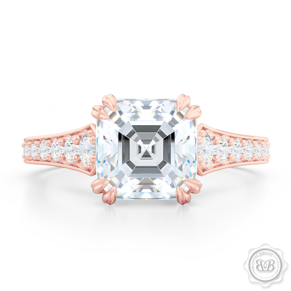 Vintage-Inspired Asscher Cut Moissanite Solitaire Engagement Ring handcrafted in Romantic Rose Gold. Bead-Set Diamond Shoulders. Forever One Charles & Colvard Asscher-cut Moissanite. Free Shipping USA. 30-Day Returns | BASHERT JEWELRY | Boca Raton, Florida.