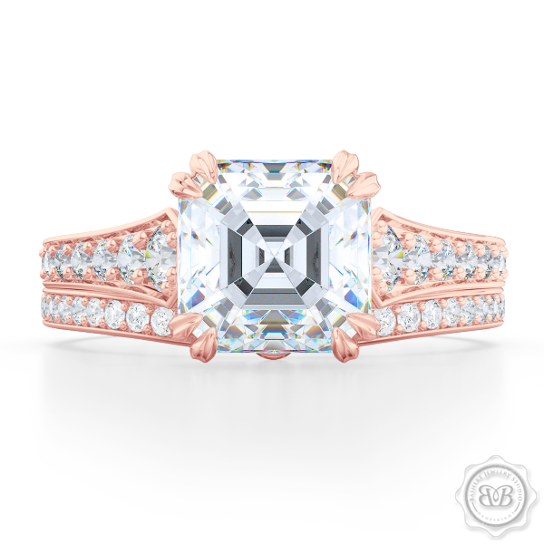 Vintage-Inspired Asscher Cut Diamond Solitaire Engagement Ring handcrafted in Romantic Rose Gold. Bead-Set Diamond Shoulders. GIA Certified Diamond. Free Shipping USA. 30-Day Returns | BASHERT JEWELRY | Boca Raton, Florida.