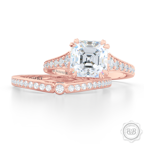 Vintage-Inspired Asscher Cut Diamond Solitaire Engagement Ring handcrafted in Romantic Rose Gold. Bead-Set Diamond Shoulders. GIA Certified Diamond. Free Shipping USA. 30-Day Returns | BASHERT JEWELRY | Boca Raton, Florida.