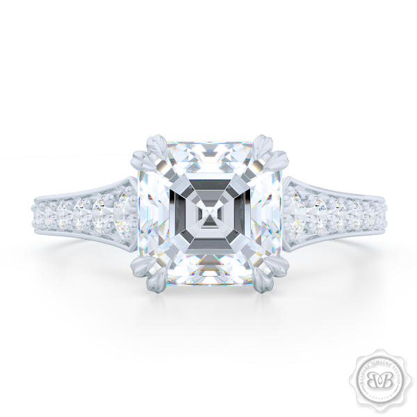 Vintage-Inspired Asscher Cut Moissanite Solitaire Engagement Ring handcrafted in White Gold or Precious Platinum. Bead-Set Diamond Shoulders. Forever One Charles & Colvard Asscher-cut Moissanite. Free Shipping USA. 30-Day Returns | BASHERT JEWELRY | Boca Raton, Florida.