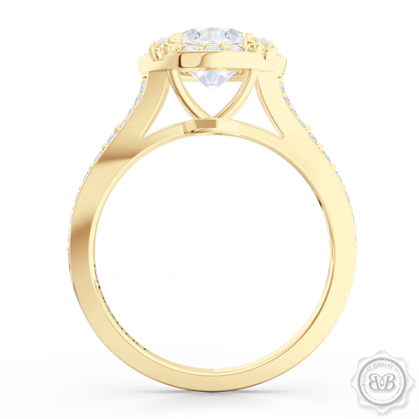 Award-Winning Round Halo Engagement Ring, crafted in Classic Yellow Gold and round brilliant Moissanite by Charles & Colvard. Signature Floret Prongs, Encrusted with Round Diamonds. Dazzling Baby-Split Bead-Set Shoulders. Free Shipping USA. 30Day Returns | BASHERT JEWELRY | Boca Raton Florida
