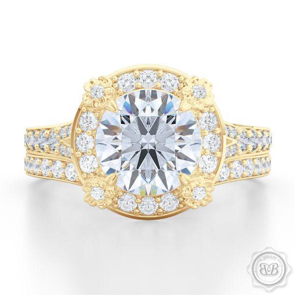 Award-Winning Round Halo Engagement Ring, crafted in Classic Yellow Gold and round brilliant GIA certified Diamond.  Signature Floret Prongs, Encrusted with Round Diamonds. Dazzling Baby-Split Bead-Set Shoulders. Free Shipping USA. 30Day Returns | BASHERT JEWELRY | Boca Raton Florida