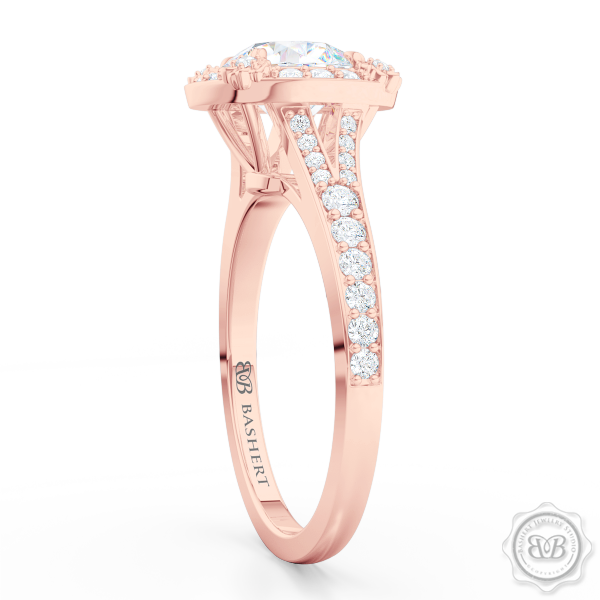 Award-Winning Round Halo Engagement Ring, crafted in Romantic Rose Gold and GIA certified, round brilliant Diamond. Signature Floret Prongs, Encrusted with Round Diamonds. Dazzling Baby-Split Bead-Set Shoulders. Free Shipping USA. 30Day Returns | BASHERT JEWELRY | Boca Raton Florida