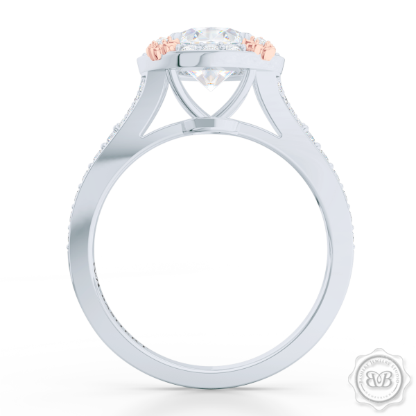 Flower inspired round Halo Engagement ring, set in White Gold or Platinum. Signature floret prongs, dazzling baby-split ring shoulders. Round Brilliant, GIA certified center Diamond.  Free Shipping USA. 30-Day Returns | BASHERT JEWELRY | Boca Raton, Florida.