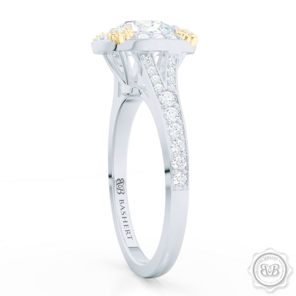 Round Halo Engagement ring, set in White Gold or Platinum. Signature floret prongs, dazzling baby-split ring shoulders. GIA certified Round Brilliant Diamond.  Free Shipping USA. 30-Day Returns | BASHERT JEWELRY | Boca Raton, Florida.