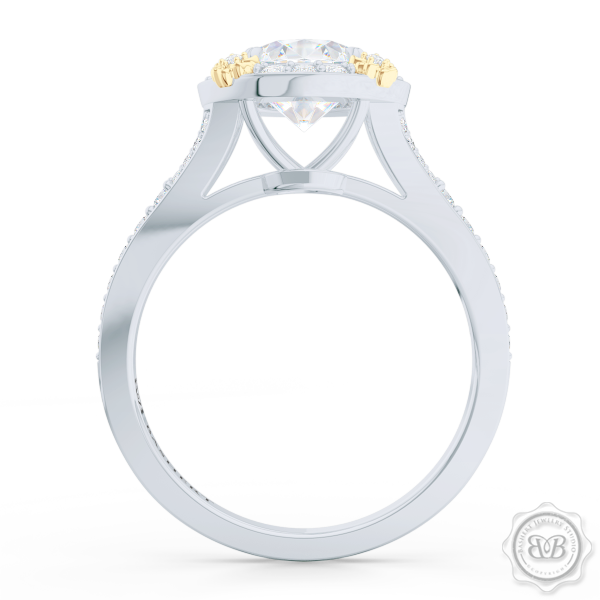 Round Halo Engagement ring, set in White Gold or Platinum. Signature floret prongs, dazzling baby-split ring shoulders. GIA certified Round Brilliant Diamond.  Free Shipping USA. 30-Day Returns | BASHERT JEWELRY | Boca Raton, Florida.
