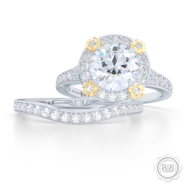 Round Moissanite Halo Engagement ring, set in White Gold or Platinum. Signature floret prongs, dazzling baby-split ring shoulders.  Free Shipping USA. 30-Day Returns | BASHERT JEWELRY | Boca Raton, Florida.