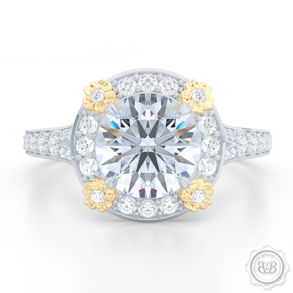 Flower inspired round Halo Engagement ring, set in White Gold or Platinum. Signature floret prongs, dazzling baby-split ring shoulders. Round Brilliant, GIA certified center Diamond.  Free Shipping USA. 30-Day Returns | BASHERT JEWELRY | Boca Raton, Florida.