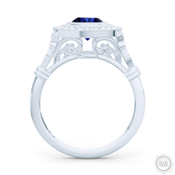 A Vintage Inspired  Floating Halo Engagement Ring. Handcrafted in Platinum or White  Gold and Oval Royal Blue Sapphire. Halo and shoulders finished in classic french milgrain, bringing a refine art-deco silhouette to this design.  Free Shipping on All USA Orders. 30-Day Returns | BASHERT JEWELRY | Boca Raton, Florida
