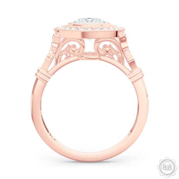 A Vintage Inspired Floating Halo Engagement Ring. Handcrafted in Romantic Rose Gold. Oval GIA certified Diamond. Classic french milgrain. Refine art-deco silhouette. Free Shipping on All USA Orders. 30-Day Returns | BASHERT JEWELRY | Boca Raton, Florida