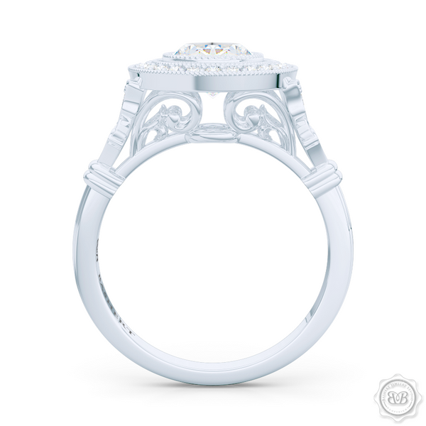A Vintage Inspired  Floating Halo Engagement Ring. Handcrafted in Platinum or White Gold. Oval GIA certified Diamond. Classic french milgrain. Refine art-deco silhouette. Free Shipping on All USA Orders. 30-Day Returns | BASHERT JEWELRY | Boca Raton, Florida