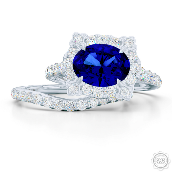 Unique, Nature-Inspired East-West Oval Halo Engagement Ring.  Handcrafted in Precious Platinum or White Gold. Oval Royal Blue Sapphire, Tailored for Your Budget. Free Shipping USA. 30-Day Returns | BASHERT JEWELRY | Boca Raton, Florida