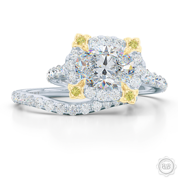 Unique, Nature-Inspired East-West Oval Halo Engagement Ring.  Handcrafted in Bright White Gold or Platinum. Tulip-floret prongs crafted in Classic Yellow Gold and Fancy, Vivid Yellow Diamonds. GIA Certified Oval Diamond Tailored for Your Budget. Free Shipping USA. 30-Day Returns | BASHERT JEWELRY | Boca Raton, Florida
