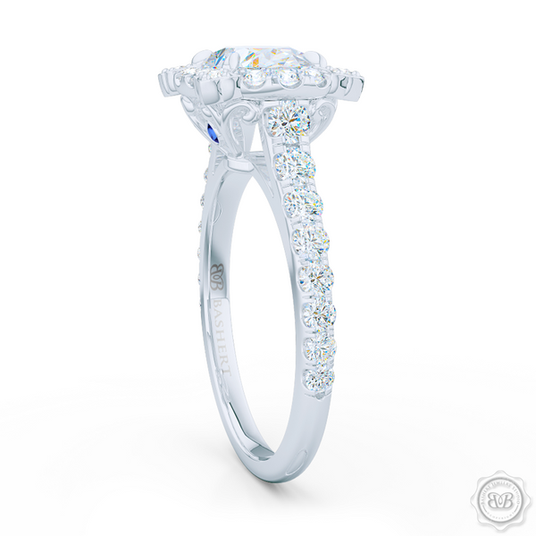 Unique, Nature-Inspired East-West Oval Halo Engagement Ring.  Handcrafted in Precious Platinum or White Gold. GIA Certified Oval Diamond Tailored for Your Budget. Free Shipping USA. 30-Day Returns | BASHERT JEWELRY | Boca Raton, Florida