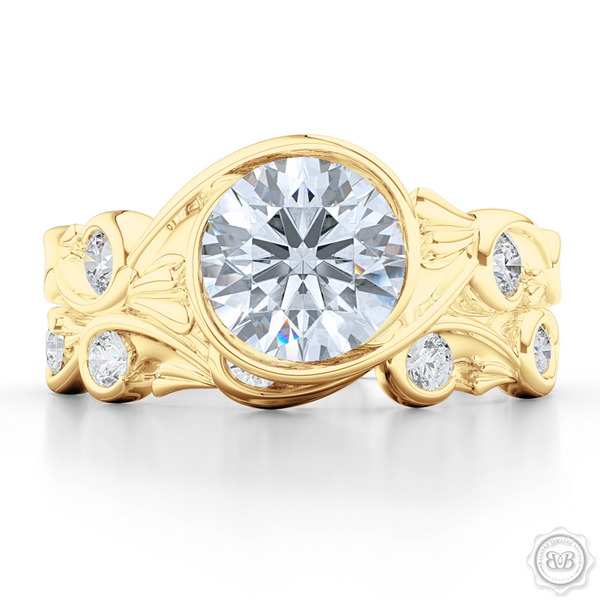 Elegant Wrap-Around Rose-Vine Solitaire Engagement Ring, crafted in Classic Yellow Gold. Charles & Colvard Round Brilliant Forever One Moissanite. Free Shipping USA.  30-Day Returns | BASHERT JEWELRY | Boca Raton, Florida.