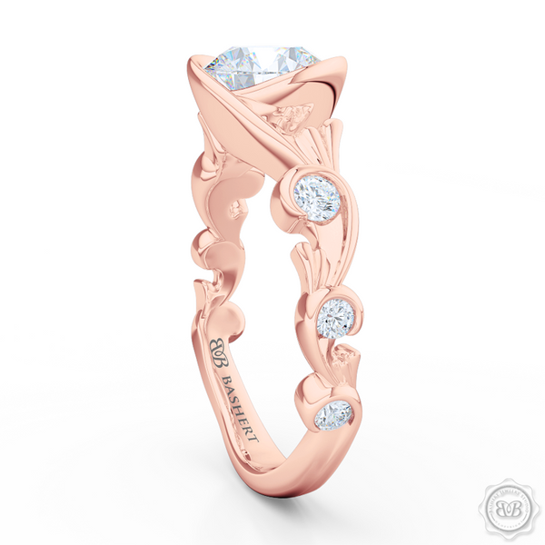 Elegant Wrap-Around Rose-Vine Solitaire Engagement Ring, crafted in Romantic Rose Gold. Charles & Colvard Round Brilliant Forever One Moissanite. Free Shipping USA.  30-Day Returns | BASHERT JEWELRY | Boca Raton, Florida.