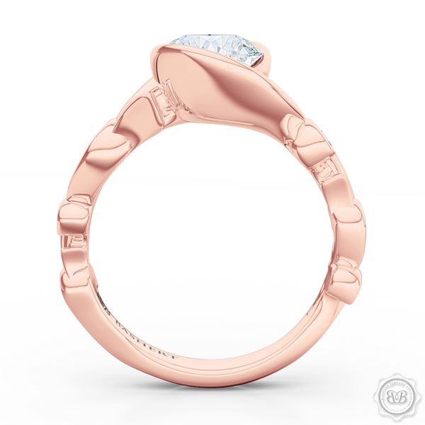 Elegant Wrap-Around Rose-Vine Solitaire Engagement Ring, crafted in Romantic Rose Gold. Charles & Colvard Round Brilliant Forever One Moissanite. Free Shipping USA.  30-Day Returns | BASHERT JEWELRY | Boca Raton, Florida.