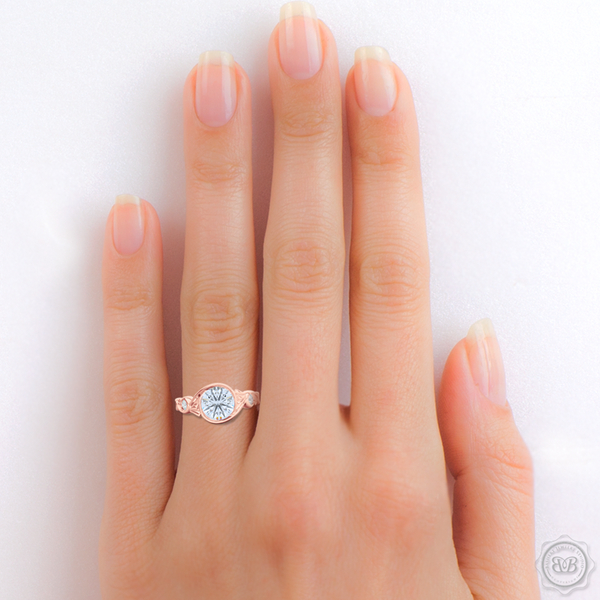 Elegant Wrap-Around Rose-Vine Solitaire Engagement Ring, crafted in Romantic Rose Gold. Charles & Colvard Round Brilliant Forever One Moissanite. Free Shipping USA.  30-Day Returns | BASHERT JEWELRY | Boca Raton, Florida.