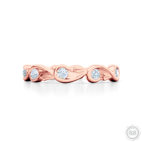 A Rose-Vine Motif Eternity Diamond Wedding Band. Handcrafted in Romantic Rose Gold, and adorned with Round Brilliant  Diamonds. Free Shipping for All USA Orders. 30 Day Returns | BASHERT JEWELRY | Boca Raton, Florid